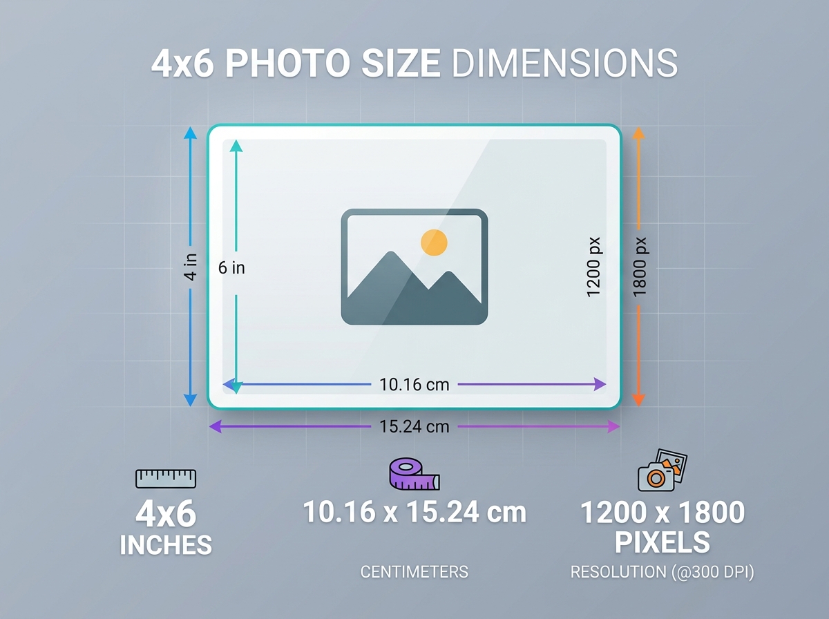 4x6 photo size dimensions in inches, cm, and pixels infographic chart